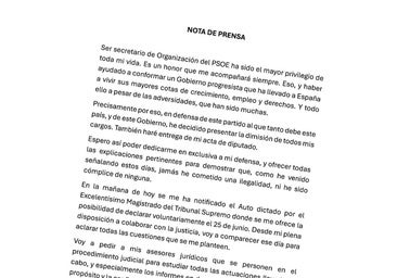 El texto integro de la carta de dimisión de Santos Cerdán